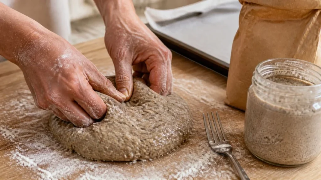 Mains farinées qui façonnent une pâte de seigle en galette ronde sur un plan de travail fariné, à côté d'un bocal de levain