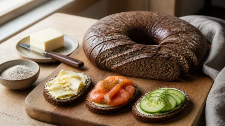 Ruisleipä, pain de seigle finlandais en couronne plate trouée au centre, en partie tranché, avec des tartines au beurre, au fromage, au saumon fumé et au concombre