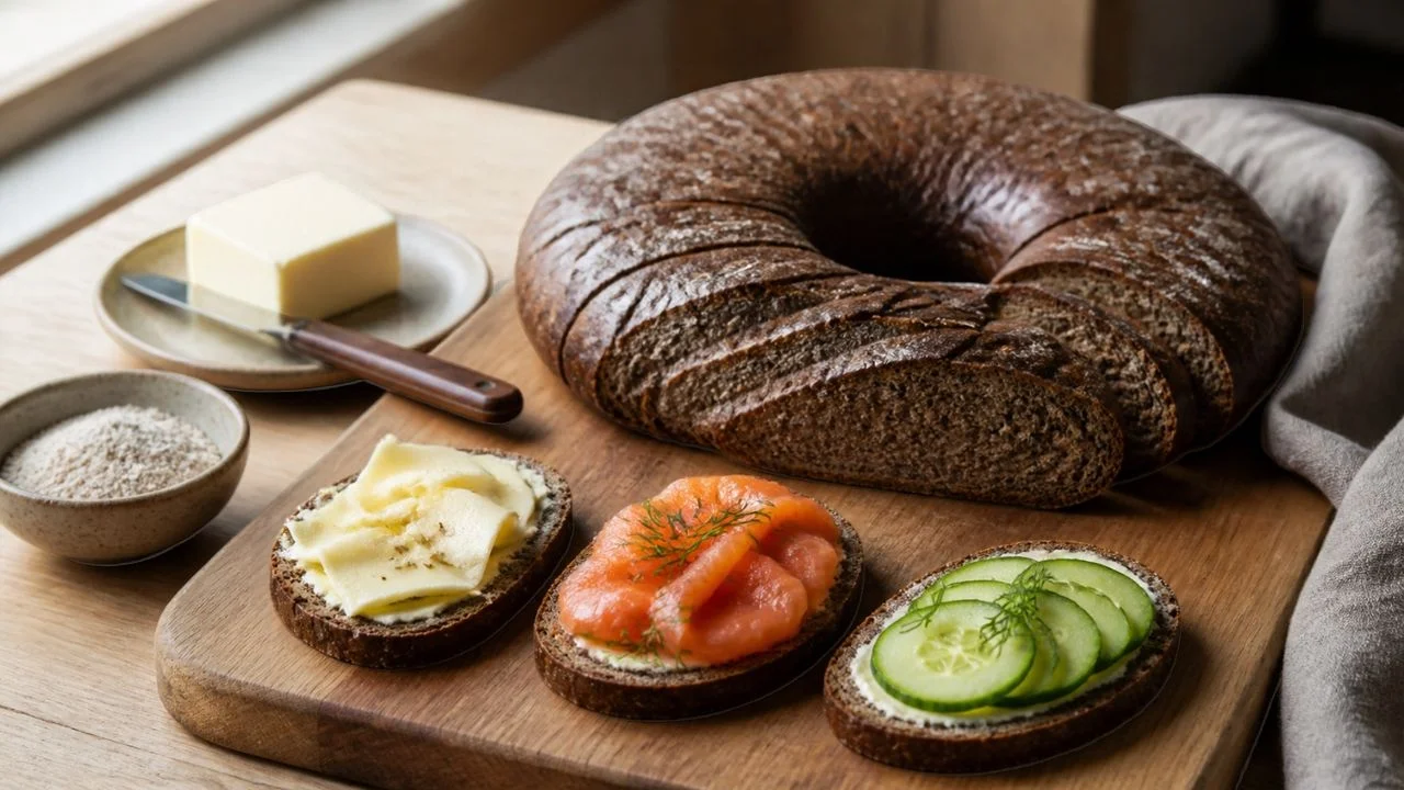 Ruisleipä, pain de seigle finlandais en couronne plate trouée au centre, en partie tranché, avec des tartines au beurre, au fromage, au saumon fumé et au concombre