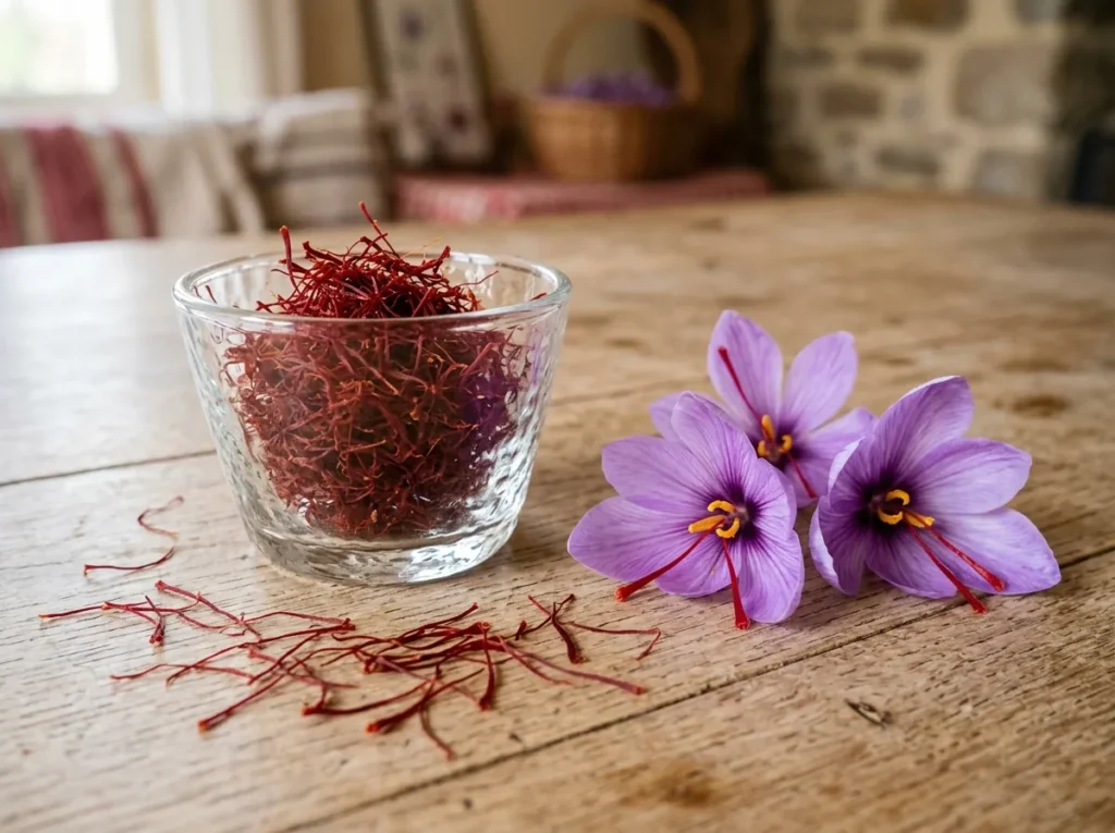 Filaments de safran rouge foncé dans un petit verre et fleurs de crocus violettes avec leurs stigmates rouges sur une table en bois