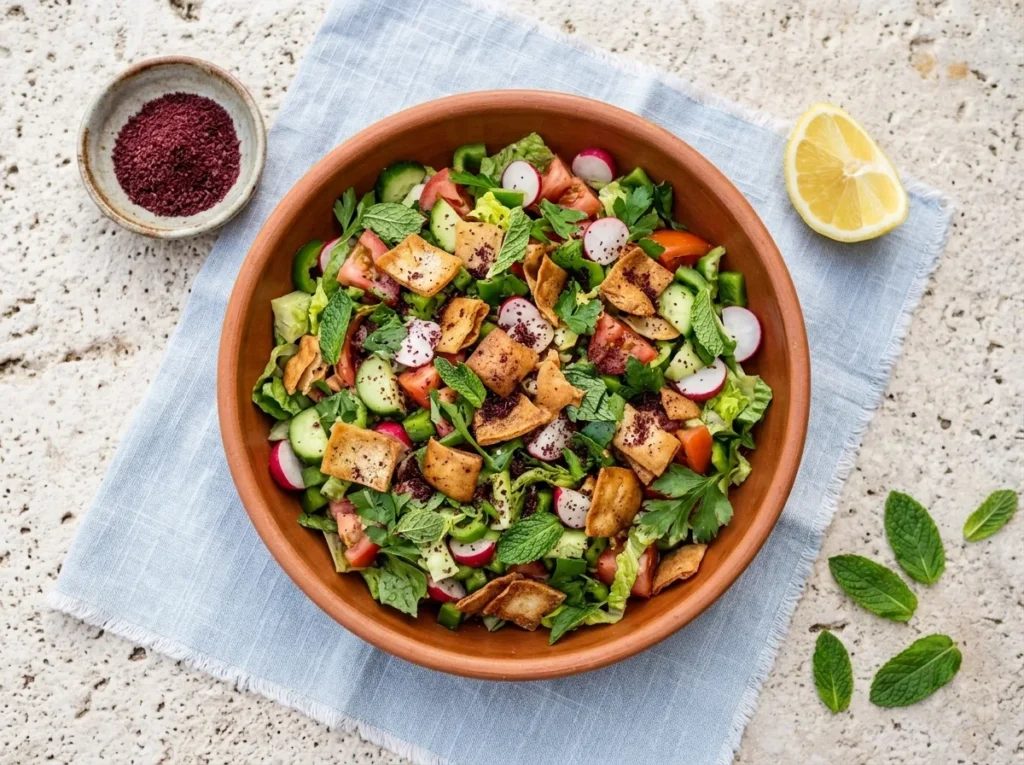 Libanesisk fattoush-salat med sumak i en lerskål med ristet pitabrød, radiser, agurk, tomater og mynte