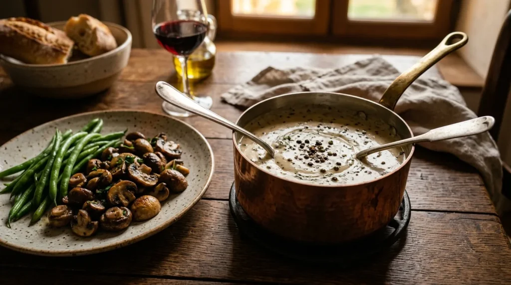 Kobberkjele med kremet peppersaus ved siden av en tallerken med stekte sopp og grønne bønner