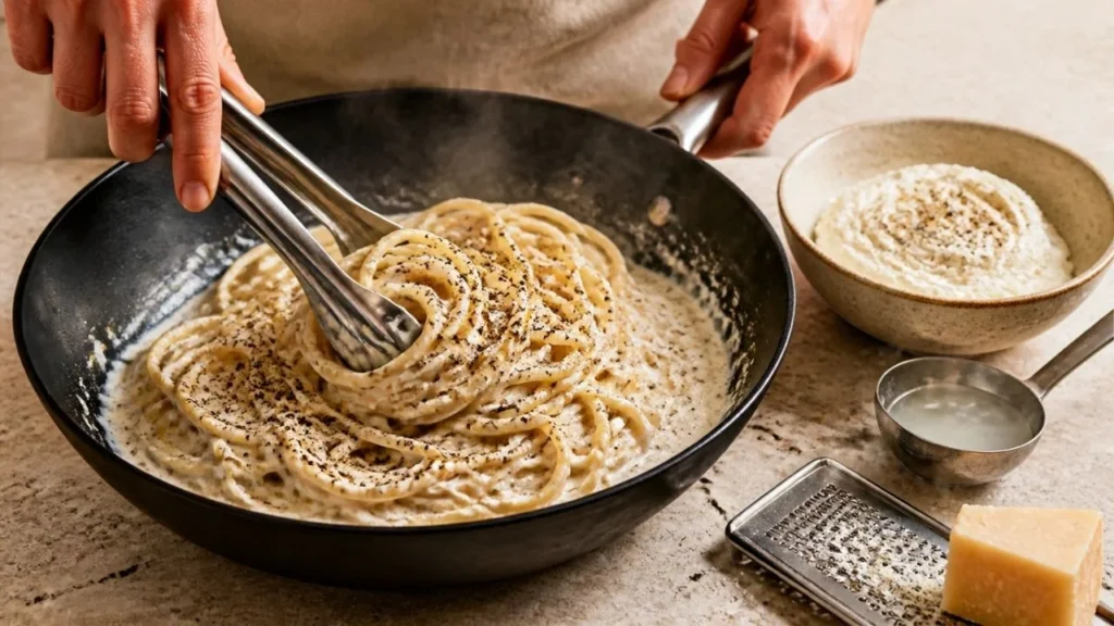 Mains qui mélangent des spaghettis cacio e pepe à la pince dans une poêle, avec un bol de crème de pecorino et une louche d'eau de cuisson