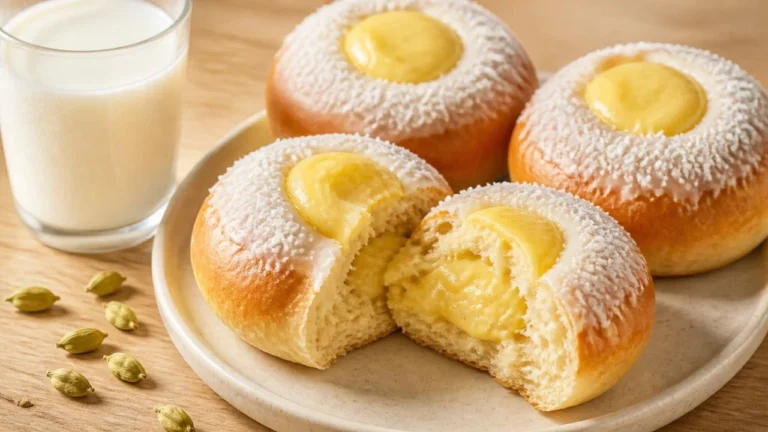 Skolebrød, brioches norvégiennes à la cardamome avec un cœur de crème pâtissière à la vanille, un anneau de glaçage et de la noix de coco râpée, dont une ouverte, avec un verre de lait