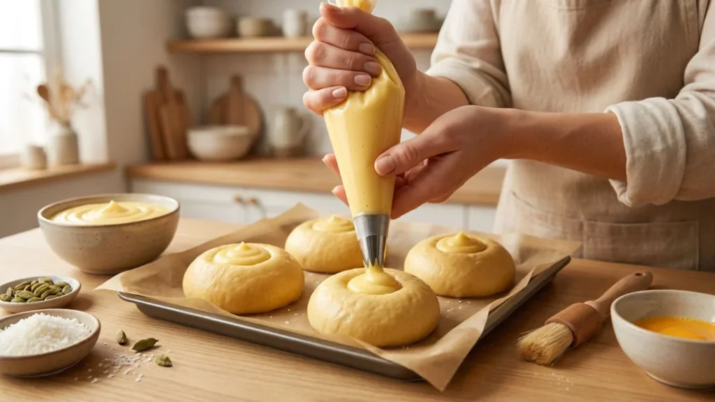Mains qui garnissent à la poche de crème pâtissière à la vanille le creux de boules de pâte à brioche levées sur une plaque, à côté de noix de coco râpée et de cardamome