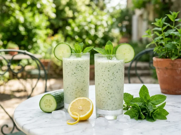 Deux grands verres de smoothie concombre menthe citron vert pâle, décorés d'une rondelle de concombre et de menthe, sur une table en marbre dans un jardin d'été, avec citron, concombre et glaçons