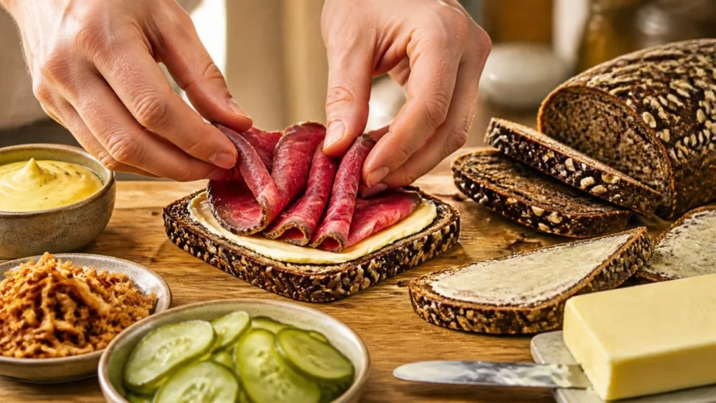 Mains propres qui déposent des tranches de roastbeef rosé sur une tranche de pain de seigle noir généreusement beurrée, à côté de rémoulade jaune, d'oignons frits et de cornichons