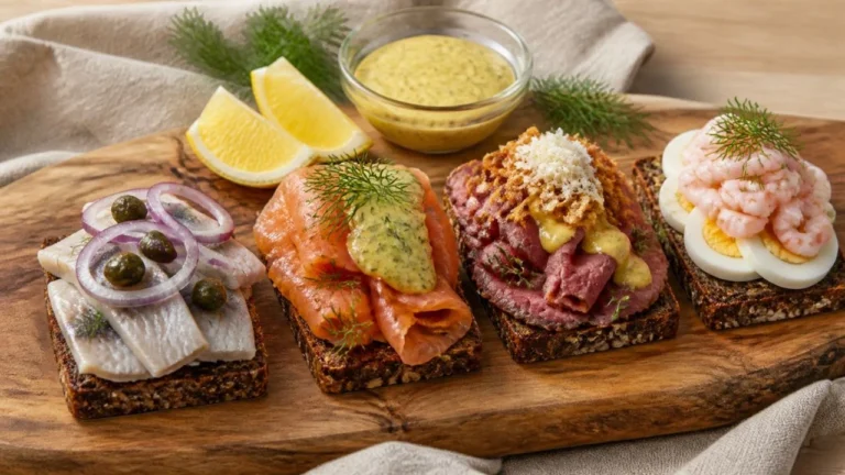 Planche de smørrebrød, tartines danoises sur pain de seigle noir aux graines, garnies de hareng mariné et oignon rouge, de saumon gravlax à l'aneth, de roastbeef avec rémoulade jaune et oignons frits, et d'œuf aux crevettes