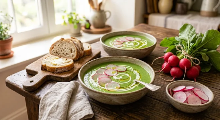 Deux bols de soupe verte aux fanes de radis décorés de rondelles de radis et de crème, avec une botte de radis et du pain de campagne