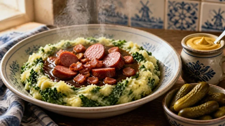 Assiette de stamppot néerlandais, écrasé rustique de pommes de terre au chou kale avec un puits de jus de viande brillant au centre, rondelles de saucisse fumée rookworst, lardons grillés, pot de moutarde et cornichons
