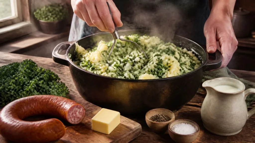 Mains qui écrasent des pommes de terre et du chou kale haché dans une cocotte avec un presse-purée, à côté de chou kale frais en lanières, d'une saucisse fumée, de beurre et d'un pichet de lait