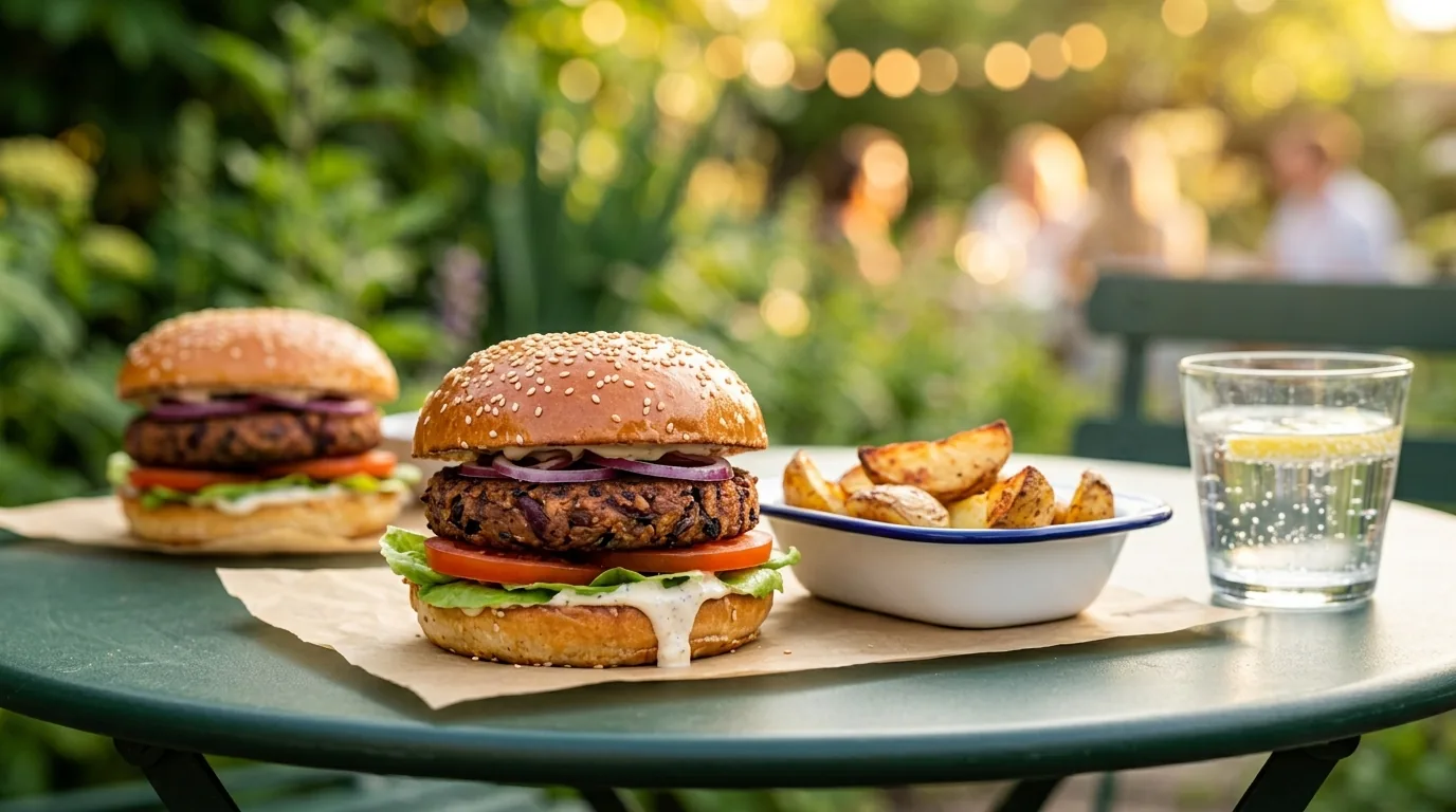 Burger avec steak végétal aux haricots rouges et à l'avoine, tomate, oignon rouge et salade, servi en terrasse