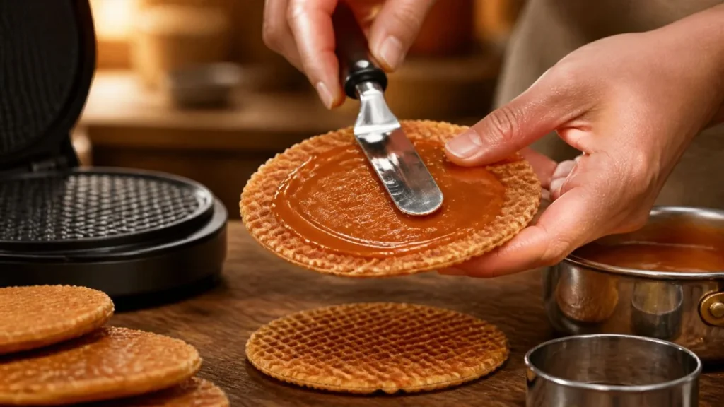 Mains qui étalent du sirop caramel chaud à la spatule sur une gaufrette fine fendue en deux, à côté d'un gaufrier à gaufrettes ouvert, d'une casserole de sirop et d'un emporte-pièce rond
