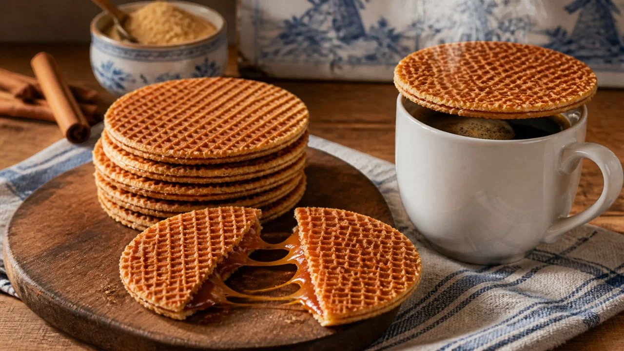Pile de stroopwafels faites maison, gaufrettes hollandaises fines et quadrillées, une cassée en deux laissant couler le sirop caramel, une autre posée sur une tasse de café fumante, bâton de cannelle et carreaux bleus de Delft