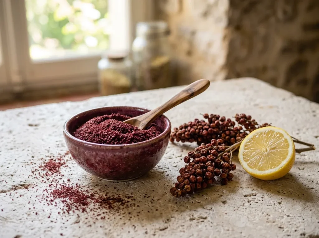 Bol de sumac moulu rouge bordeaux avec une cuillère en bois, grappes de baies de sumac séchées et demi-citron sur une table en pierre
