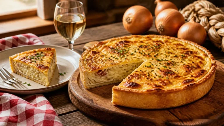 Tarte aux oignons suisse dorée sur une planche en bois, avec une part servie dans une assiette, un verre de vin blanc et des oignons jaunes