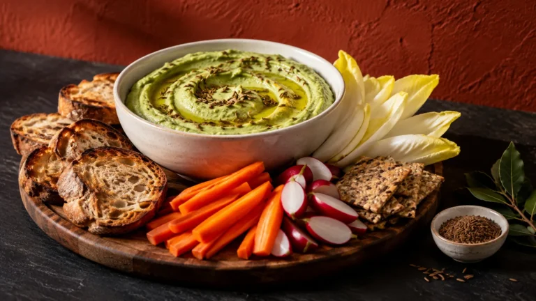 Tartinade de pois cassés au cumin dans un bol, avec pain grillé, carottes, radis, endives et crackers