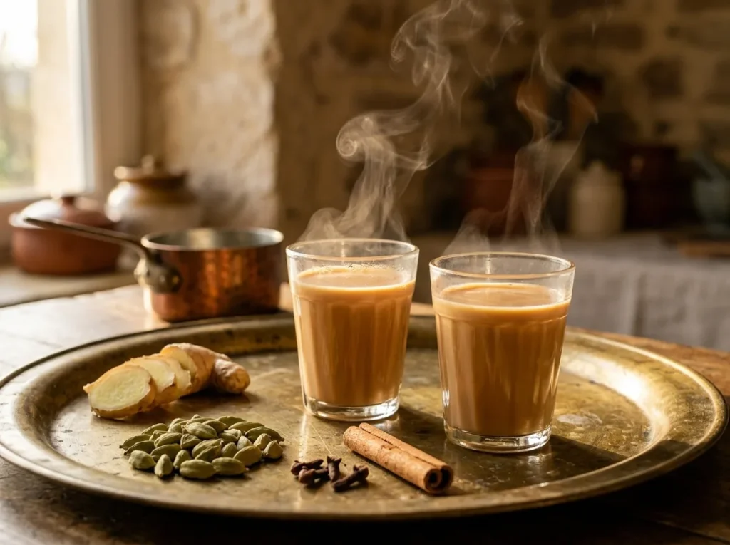 To glass dampende chai på et messingbrett med grønne kardemommekapsler, fersk ingefær, kanelstang og nellik