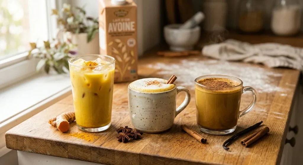 Trois variantes de lait d'or au curcuma : version glacée, latte chaud à la cannelle et version au cacao