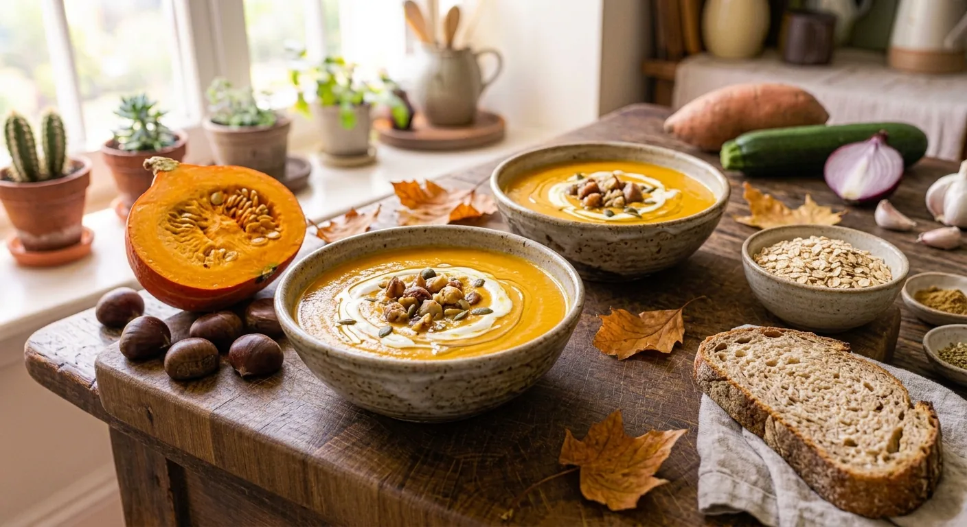 Deux bols de velouté de potimarron et châtaigne avec un filet de crème, des châtaignes et des graines de courge, à côté d'un demi-potimarron, de châtaignes et de pain de campagne