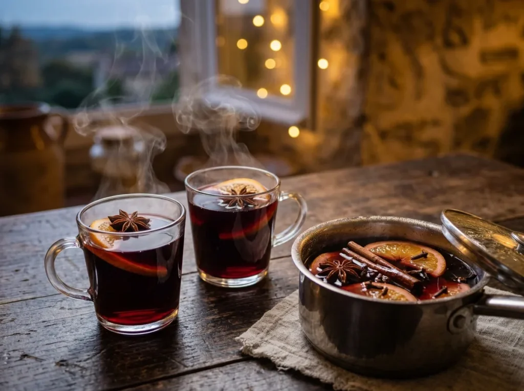 Duas canecas de vinho quente fumegante decoradas com laranja e uma estrela de anis, ao lado de uma panela de vinho quente com especiarias