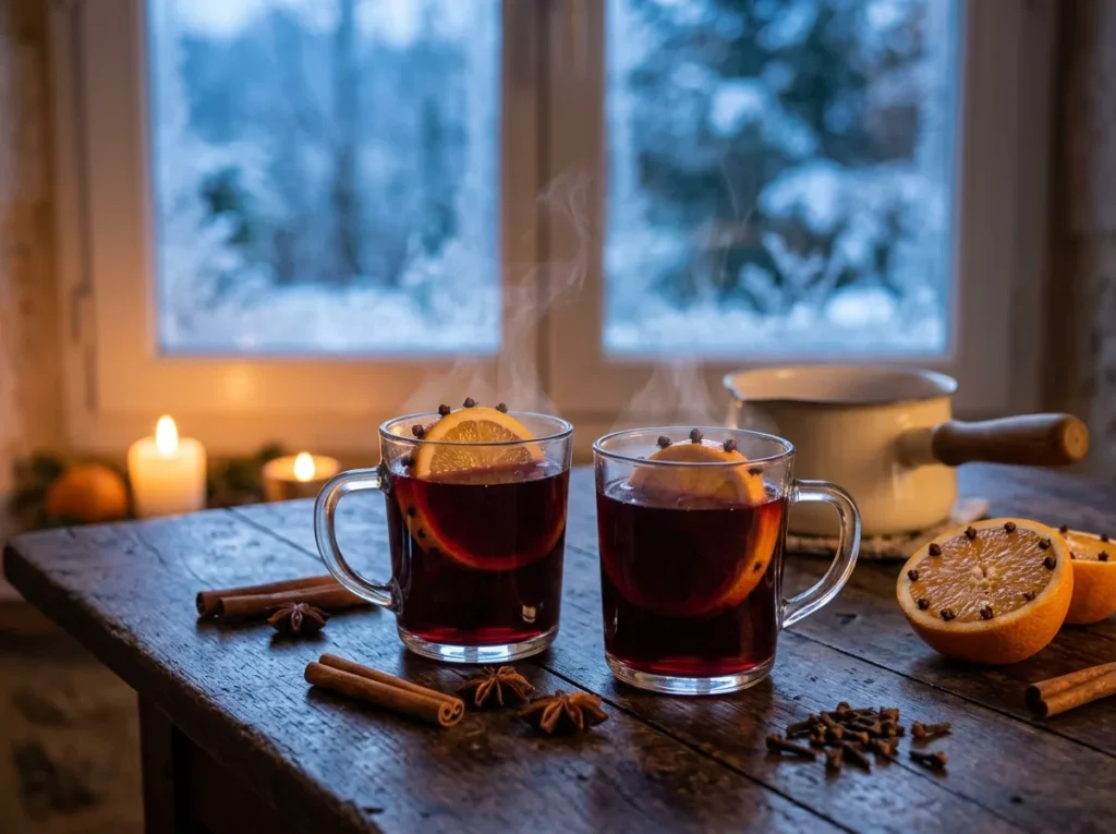 To krus med dampende gløgg, appelsinskiver med nellikspiker, kanelstenger og stjerneanis foran et snødekt vindu