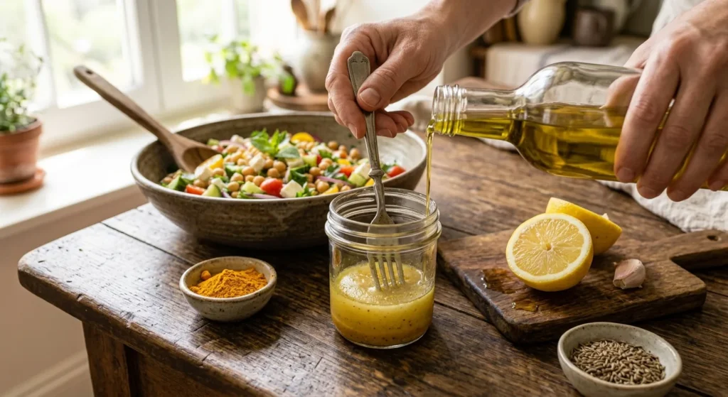Vinaigrette au citron fouettée dans un bocal, avec huile d'olive, curcuma, graines de cumin et ail, devant la salade de pois chiches